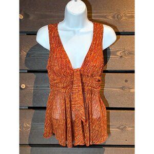 Candies Womens Orange Sleeveless V-Neck Top With Tie Front & Dotted Pattern - M